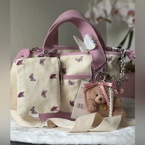 Madden Girl Lavender Purple Butterfly Mini Tote Teddy bear + bracelet charm